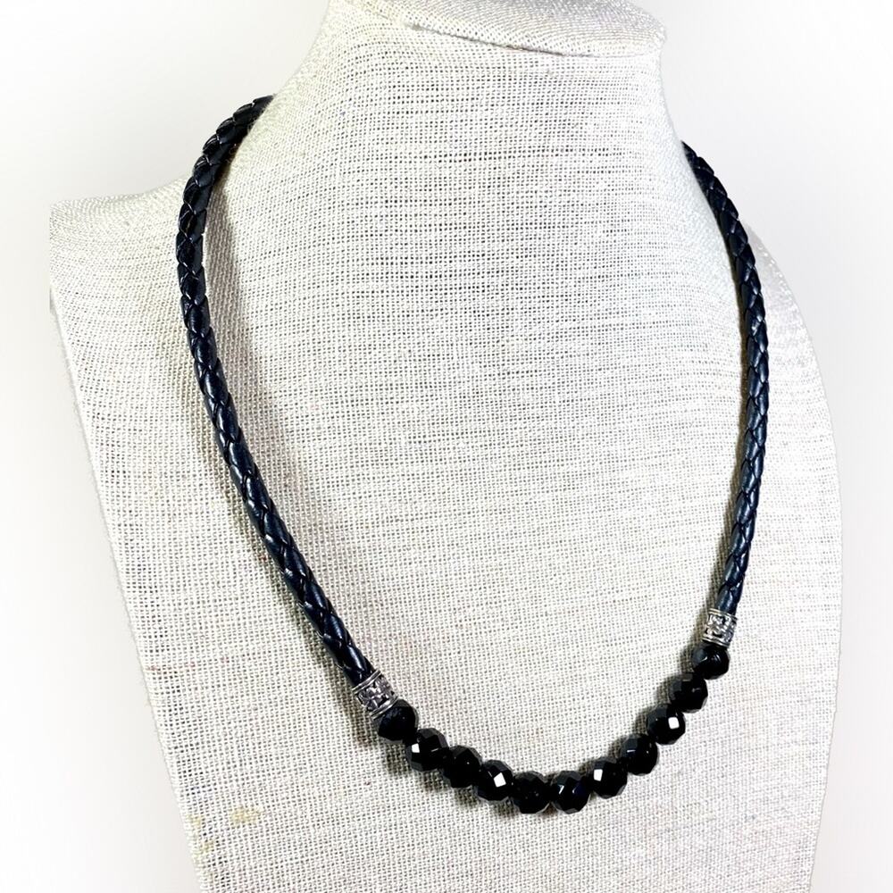 Black Faceted Bead Necklace on Braided Cord